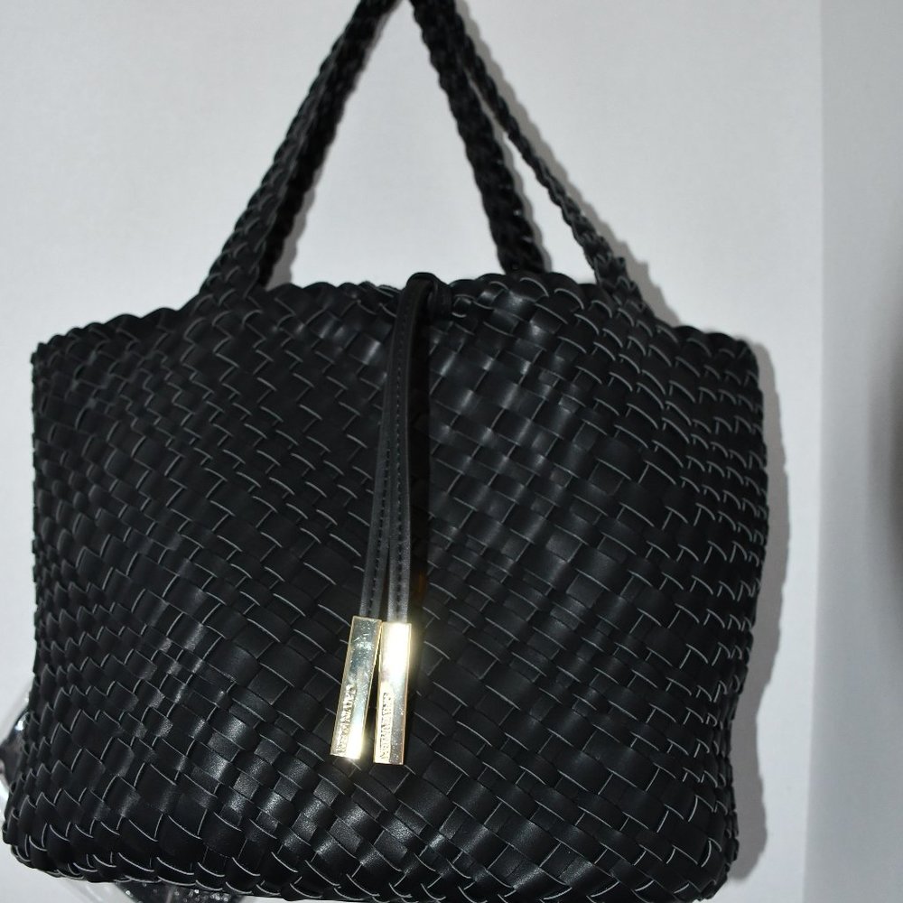 Calvin Klein Black Woven Leather Tote with Gold Accents